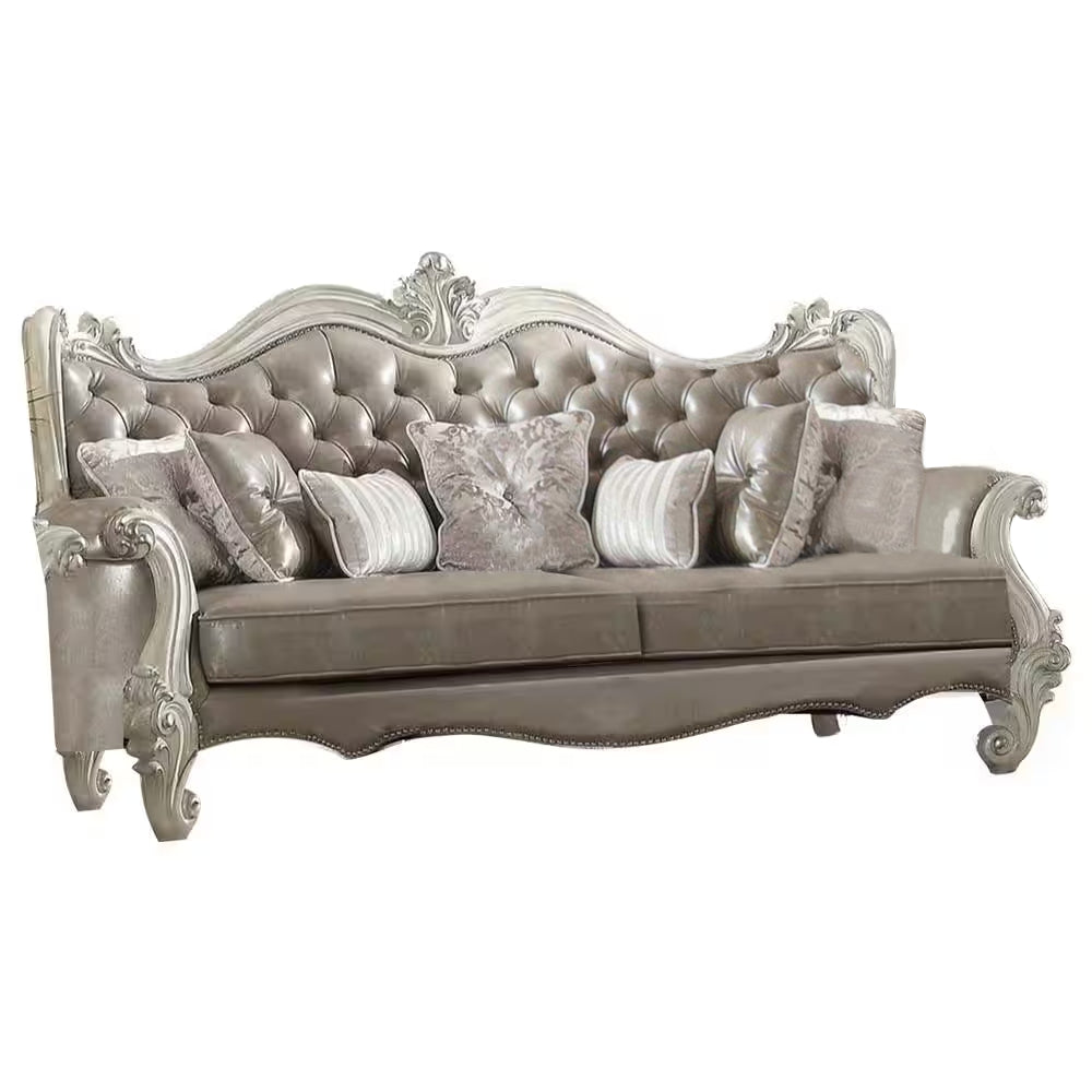 The Ellington – Gray Faux Leather Curved Sofa with Toss Pillows