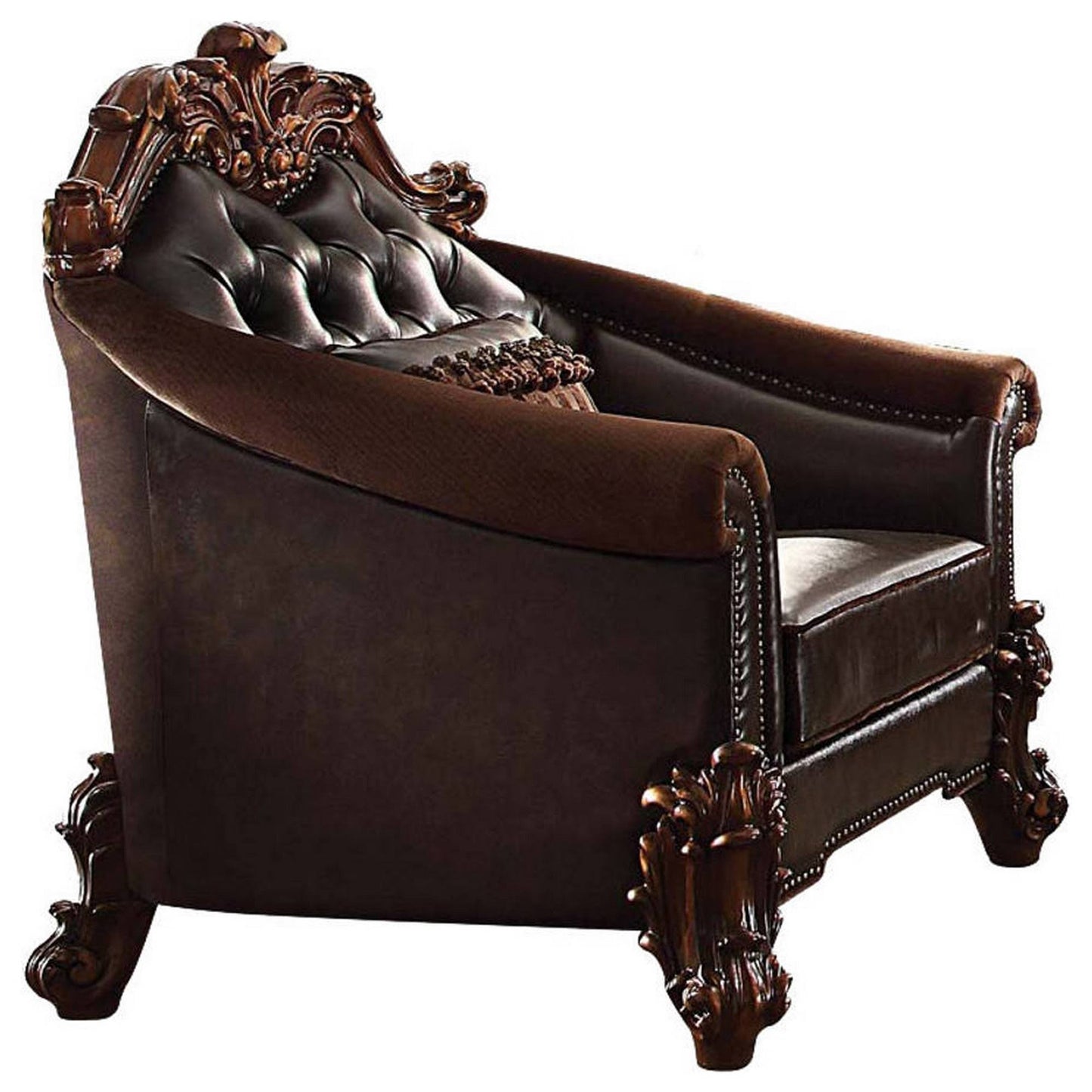 The Barrett – Dark Brown Faux Leather Chesterfield Chair with Toss Pillow