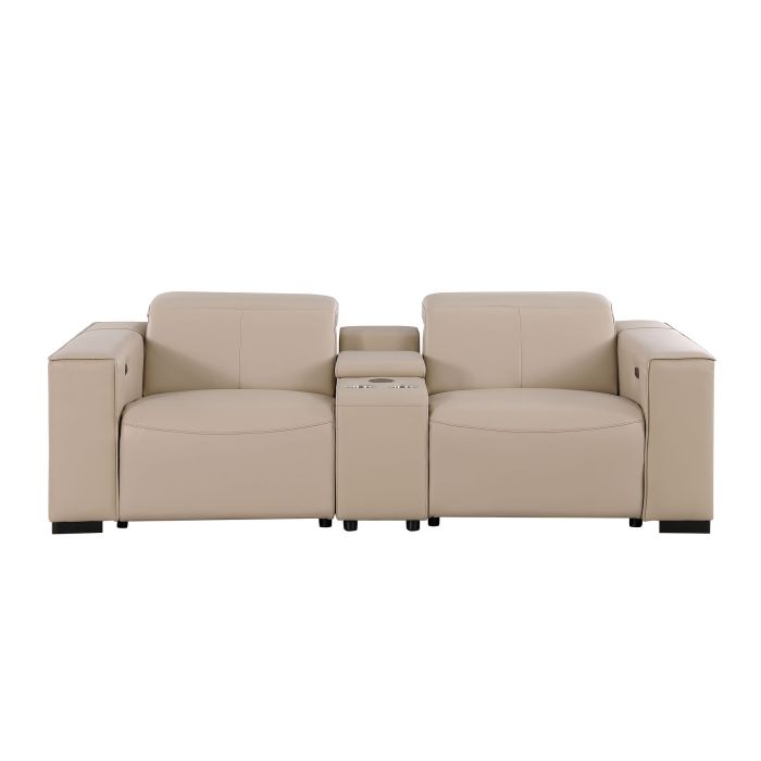 The Cortona – Beige Genuine Leather Dual Power Reclining Console Loveseat