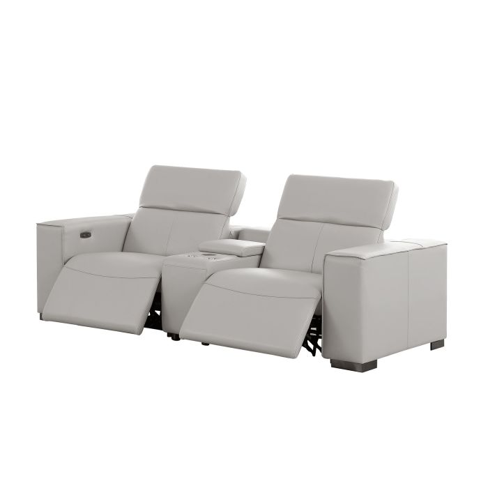 The Meridian – Light Gray Genuine Leather Dual Power Reclining Console Loveseat