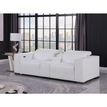 The Valencia – White Genuine Leather Dual Power Reclining Console Loveseat