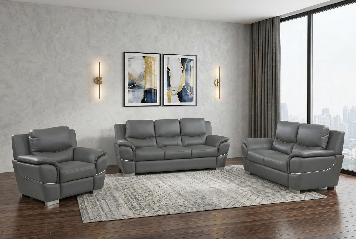The Melrose Collection – Three Piece Indoor Gray Genuine Leather Six Person Seating Set