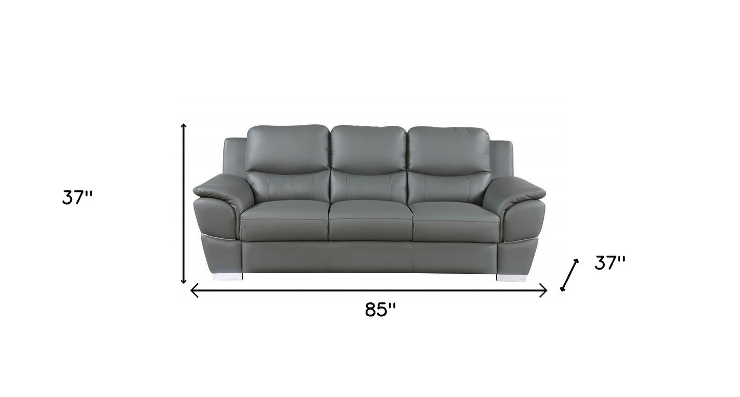 The Halston – 85" Gray Leather Sofa With Silver Legs