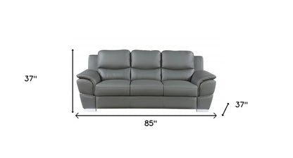 The Halston – 85" Gray Leather Sofa With Silver Legs