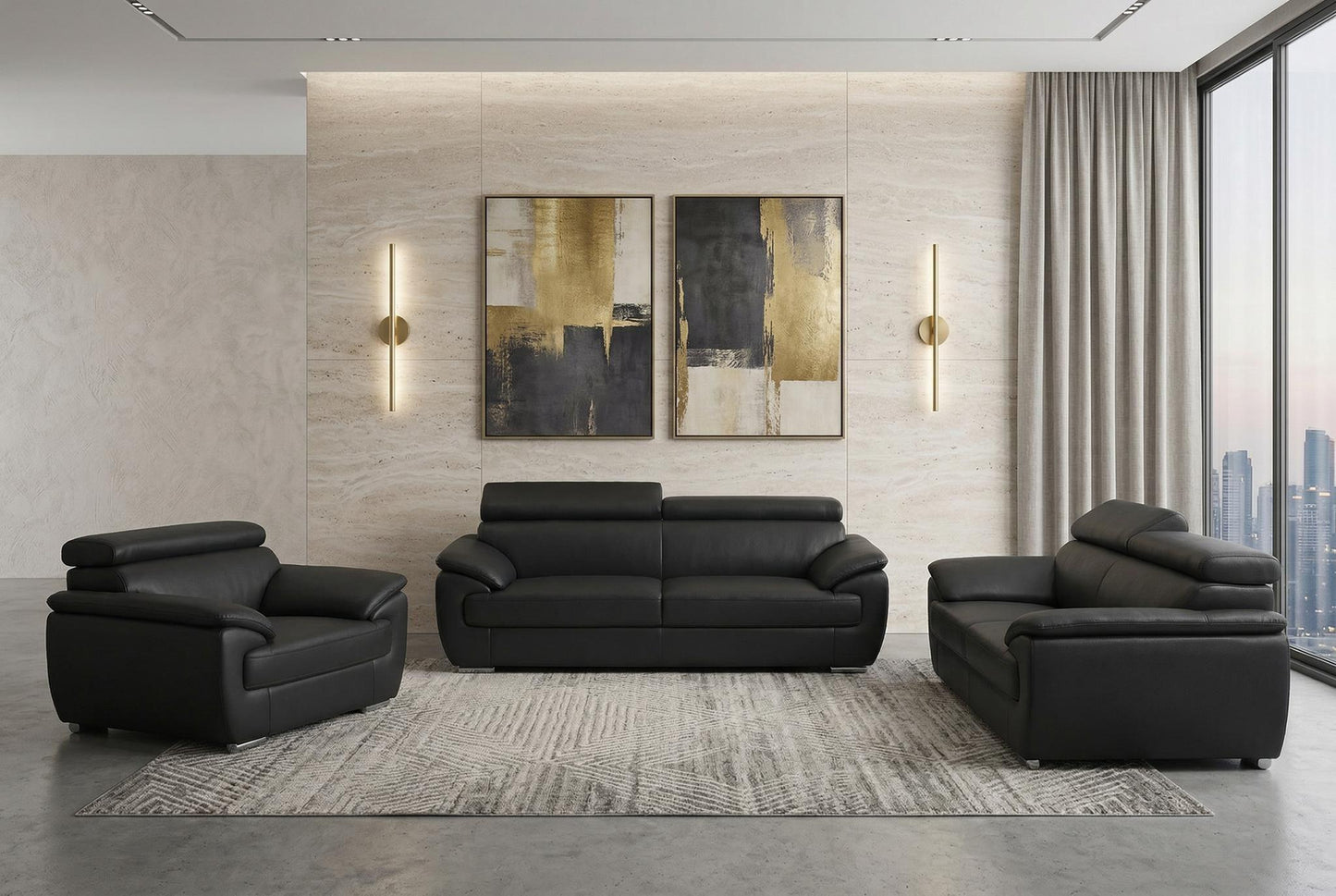 The Blackridge – 3-Piece Black Genuine Leather Seating Set