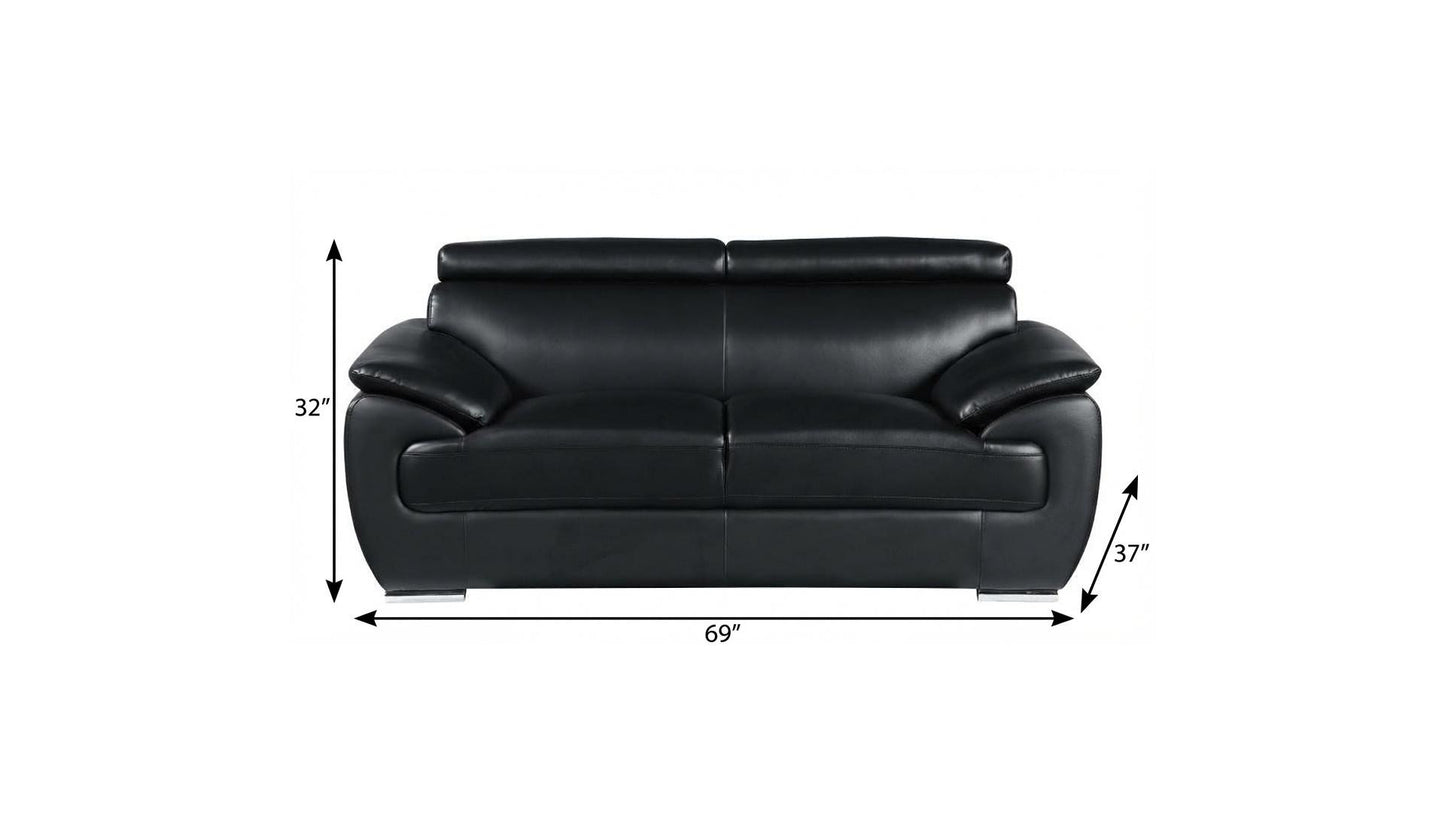 The Ironvale – Black Faux Leather Loveseat with Silver Legs