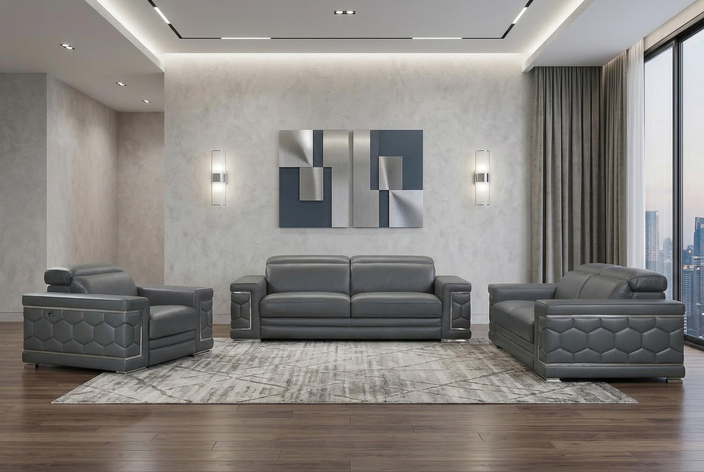 The Marlon Collection – Three Piece Dark Gray Italian Leather Six Person Seating Set