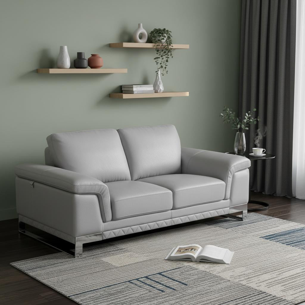 The Solvane – Light Gray & Silver Genuine Leather Loveseat