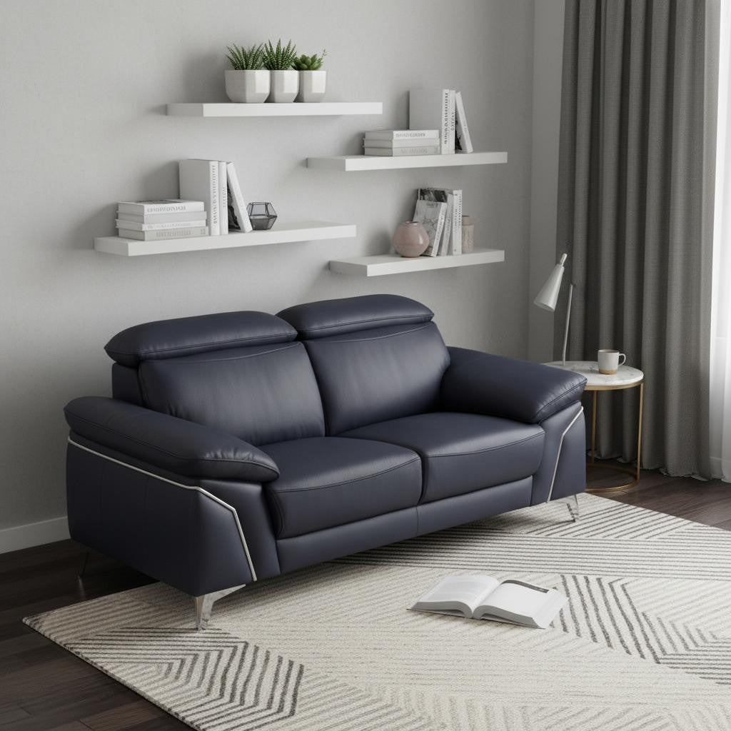 The Marcella – Navy Blue & Silver Genuine Leather Loveseat