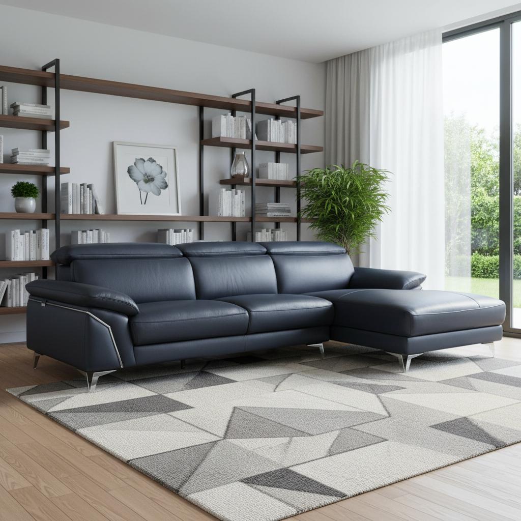 The Marcell – Navy Blue Italian Leather L-Shaped Two Piece Sectional
