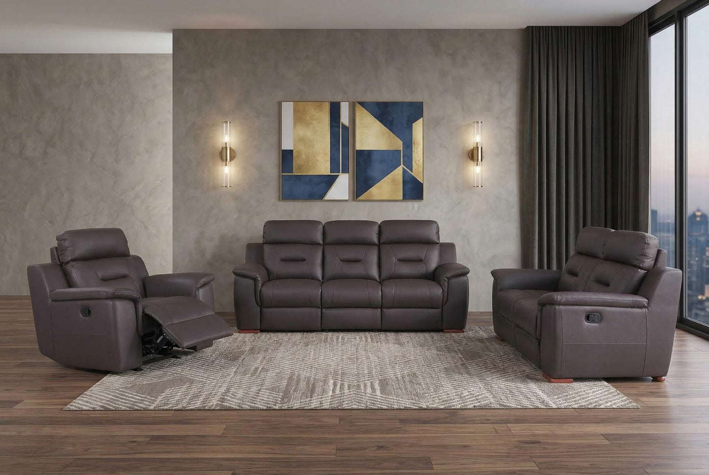The Barzano – Three Piece Brown Genuine Leather Reclining Seating Set