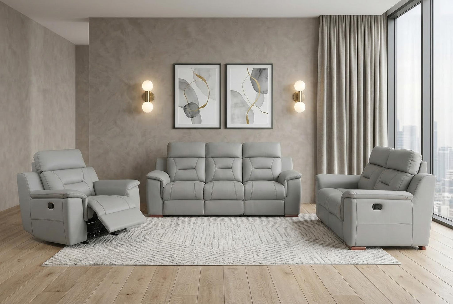 The Halverin – Three Piece Gray Genuine Leather Reclining Seating Set