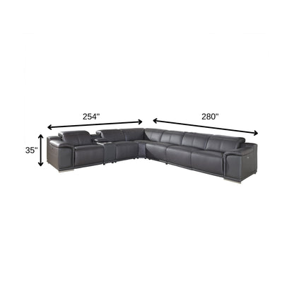 The Bellmore – Gray Italian Leather Power Reclining U-Shaped Seven Piece Sectional with Console