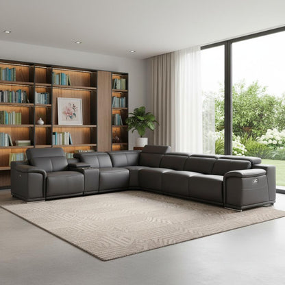 The Bellmore – Gray Italian Leather Power Reclining U-Shaped Seven Piece Sectional with Console