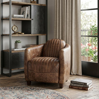 The Saluda – Brown Faux Leather Distressed Barrel Chair