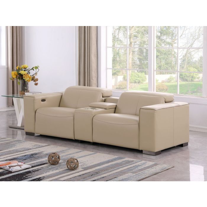 The Cortona – Beige Genuine Leather Dual Power Reclining Console Loveseat
