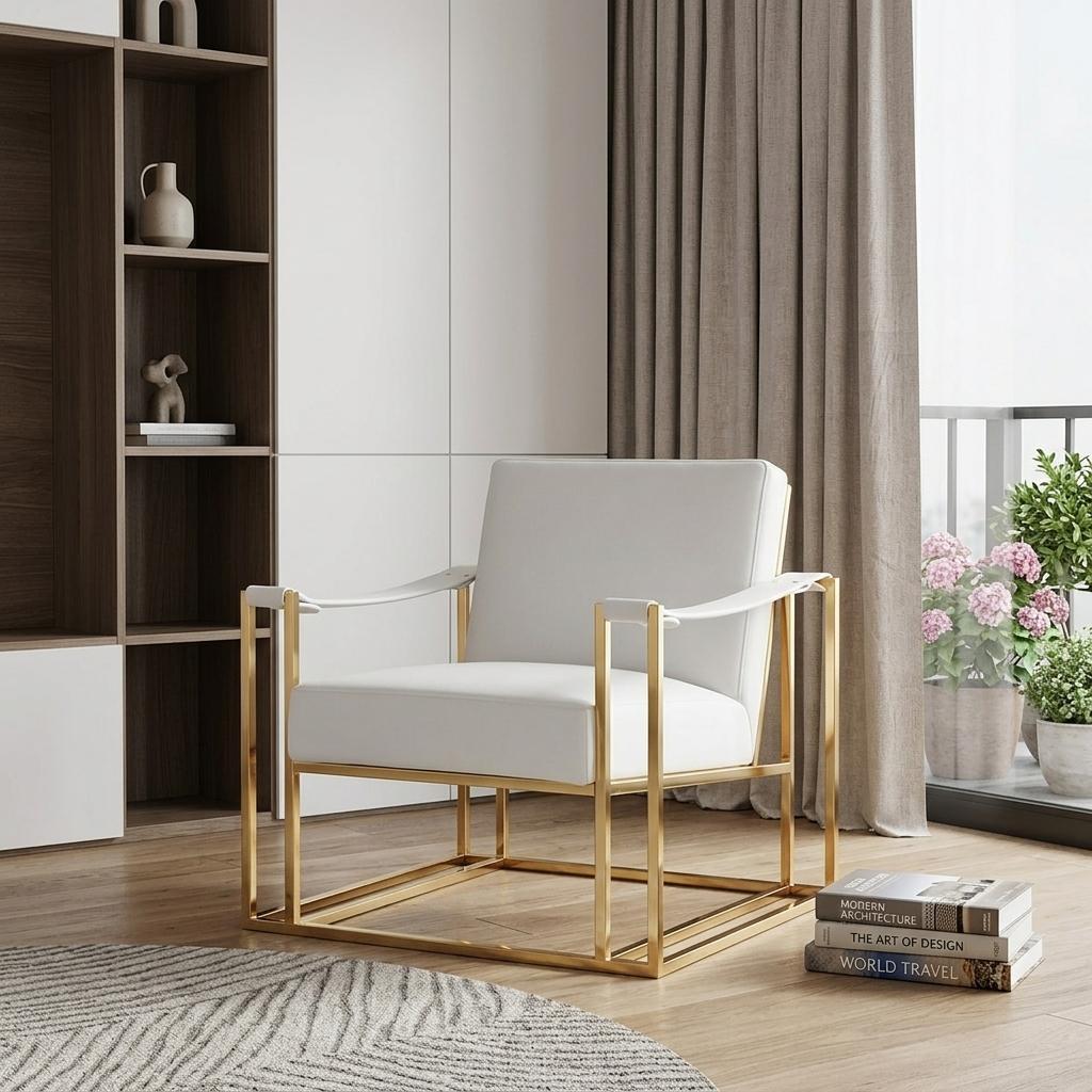 The Brantley – White & Gold Faux Leather Lounge Chair