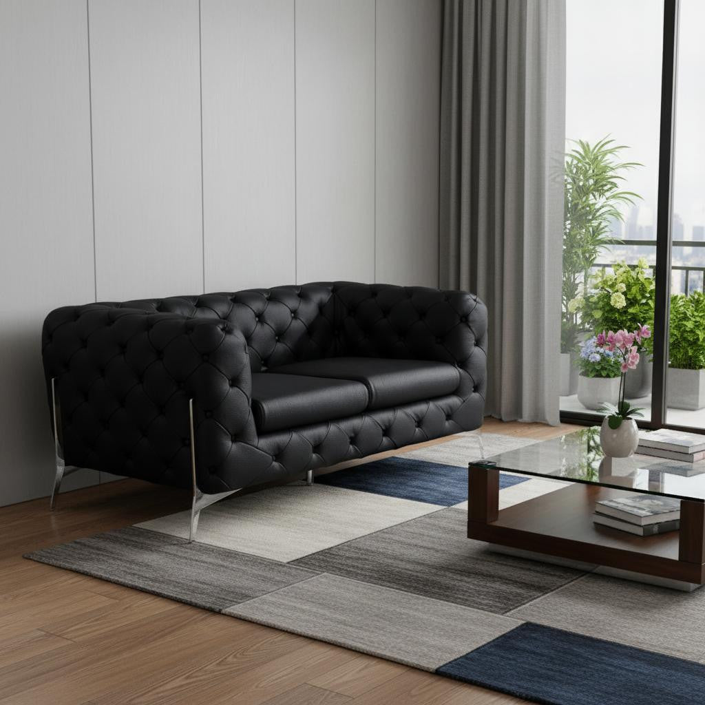 The Bellie – Black & Silver Italian Leather Loveseat