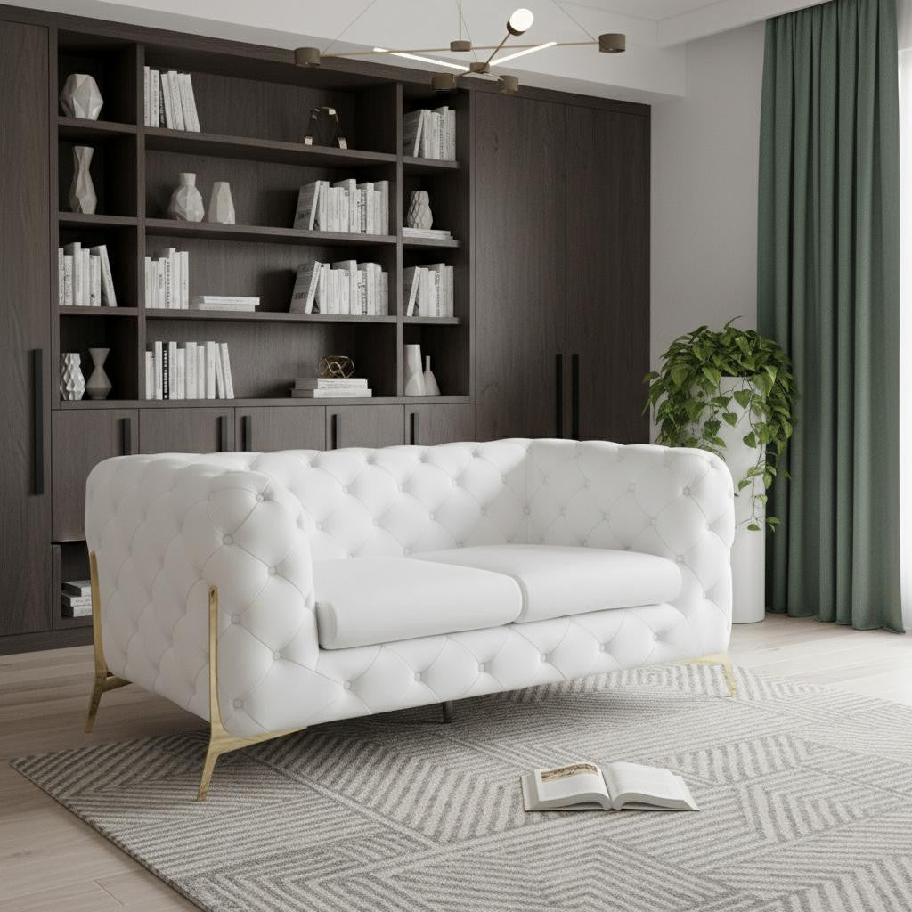 The Aurellia – White & Gold Italian Leather Loveseat