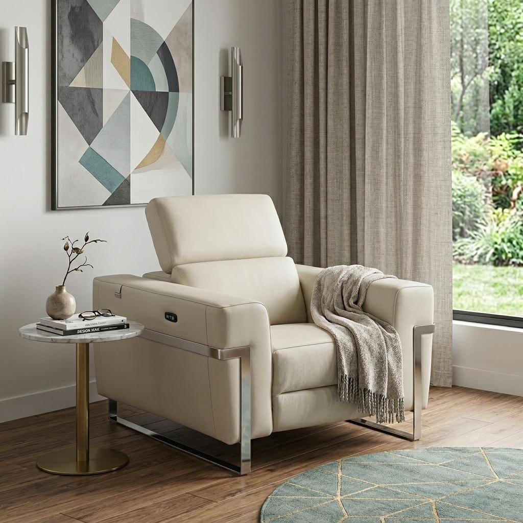 The Bellmont – Beige Italian Leather Power Recliner
