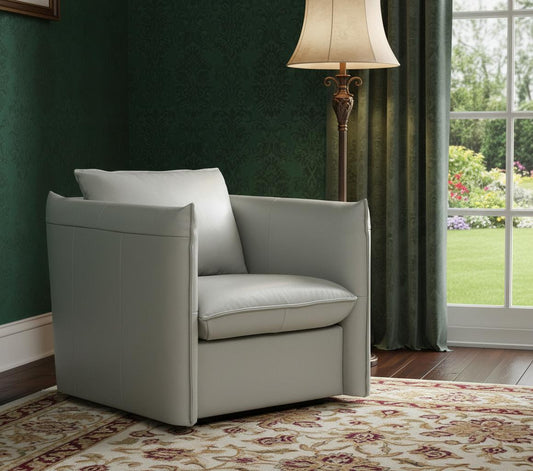 The Halcyre – Gray & Silver Genuine Leather Swivel Lounge Chair