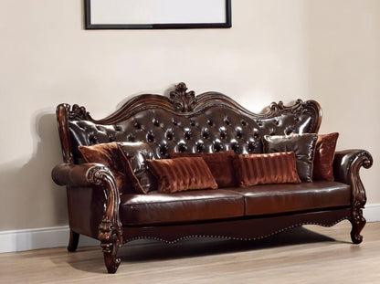 The Beaumont – Brown Faux Leather Sofa with Toss Pillows