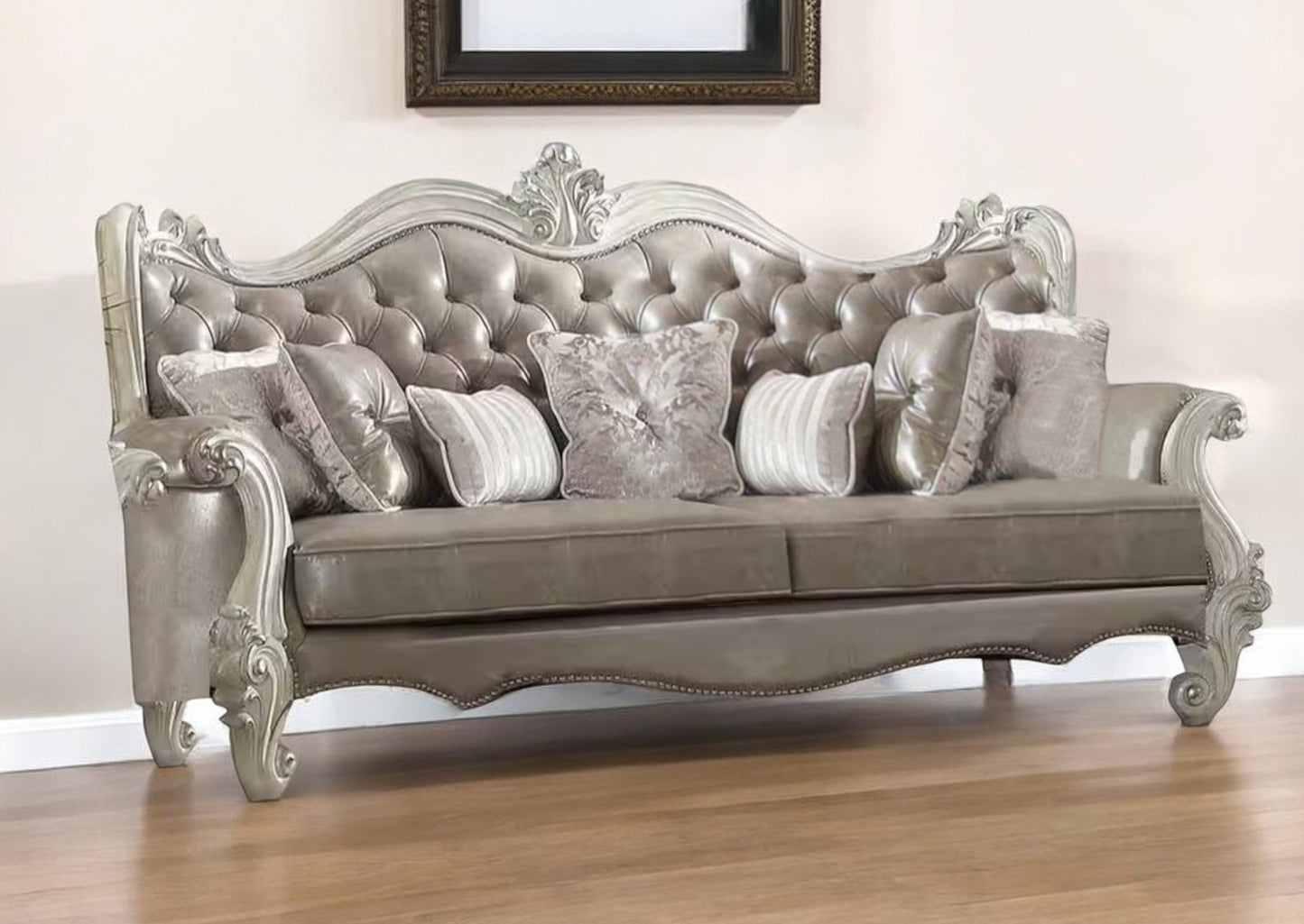 The Ellington – Gray Faux Leather Curved Sofa with Toss Pillows