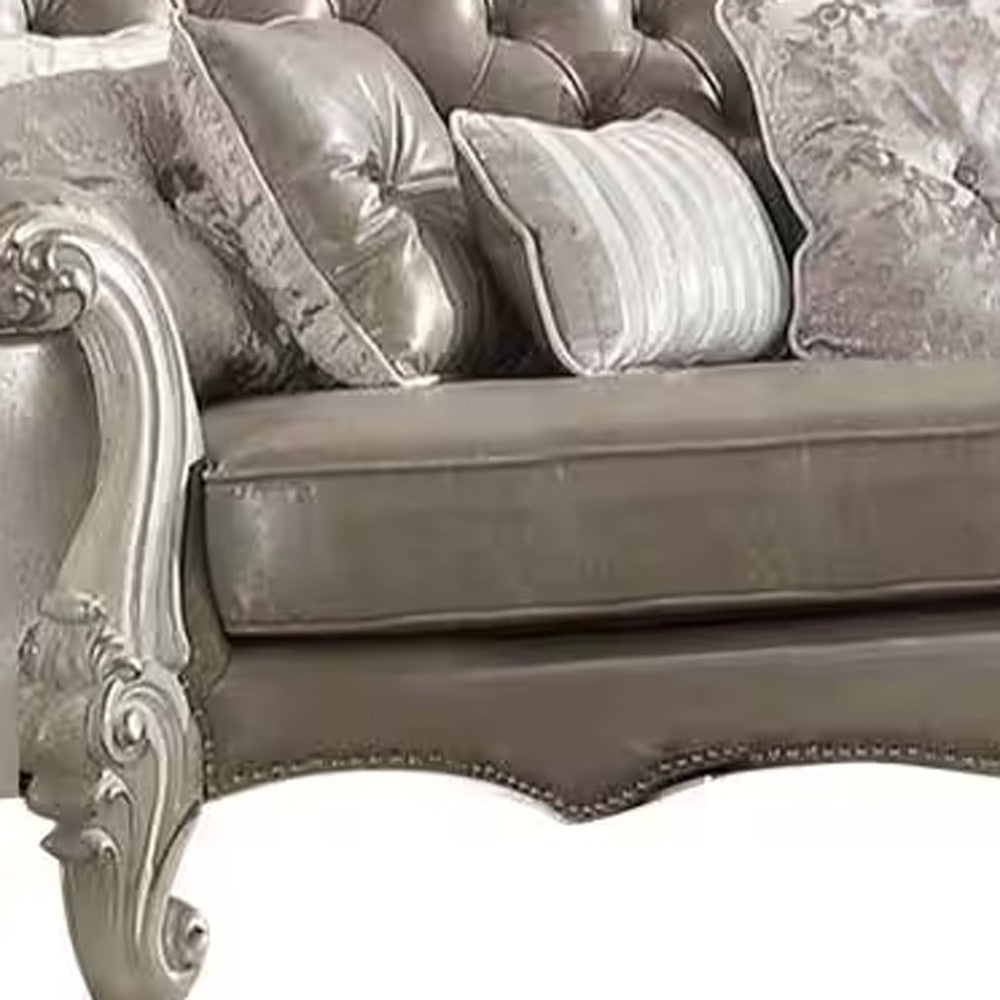 The Ellington – Gray Faux Leather Curved Sofa with Toss Pillows