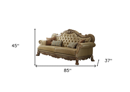 The Kensington – Bone Faux Leather Sofa with Toss Pillows