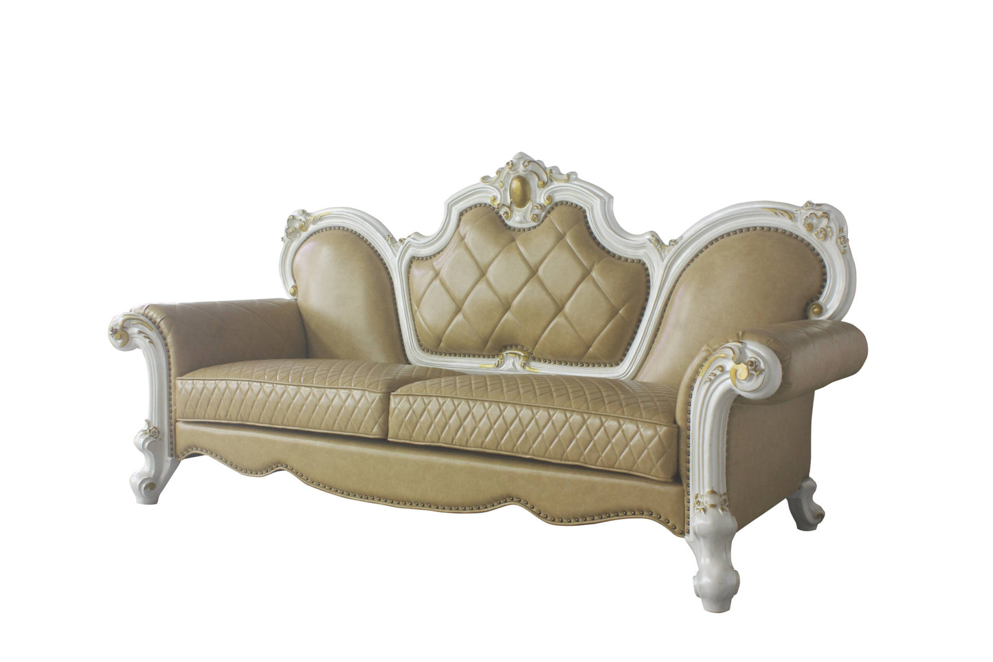 The Bellamy – Golden Brown Faux Leather Sofa with Toss Pillows