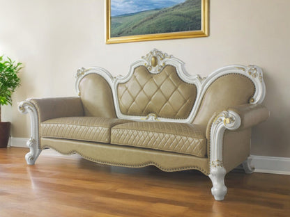 The Bellamy – Golden Brown Faux Leather Sofa with Toss Pillows