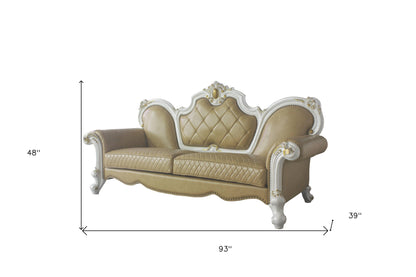 The Bellamy – Golden Brown Faux Leather Sofa with Toss Pillows