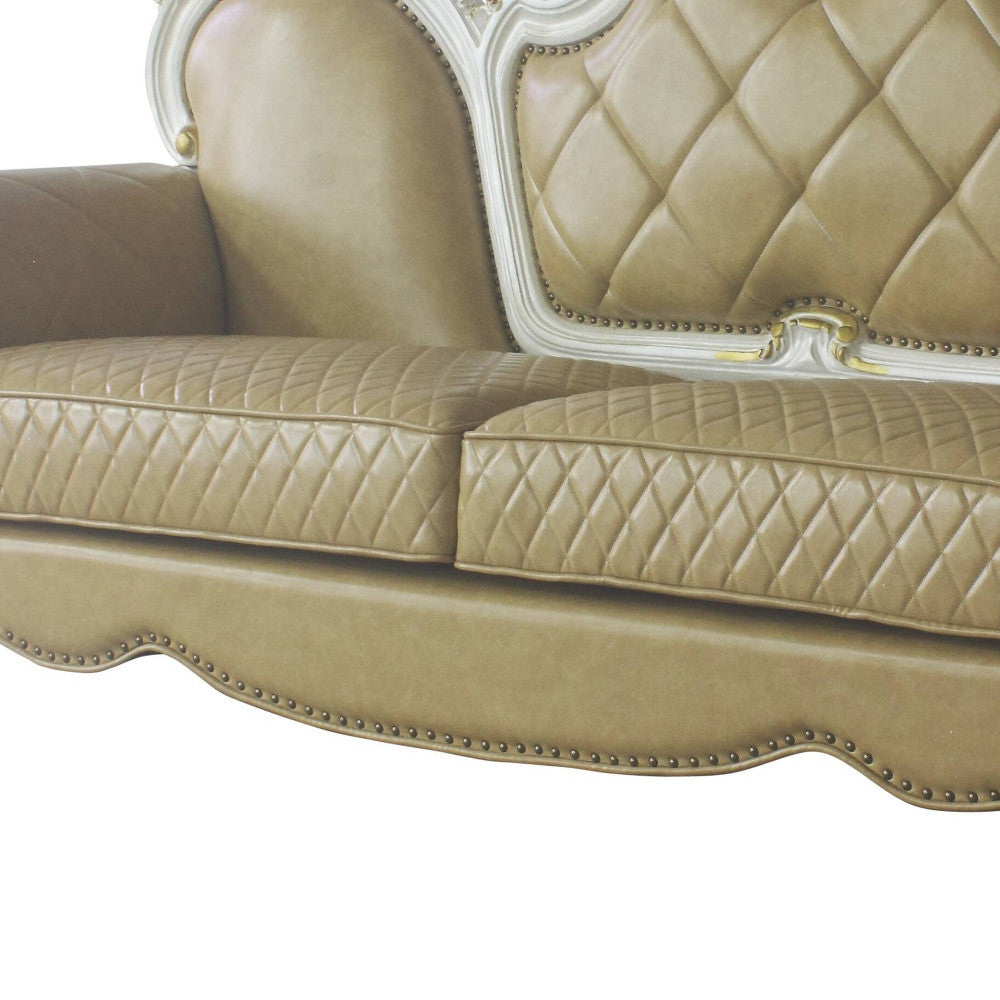 The Bellamy – Golden Brown Faux Leather Sofa with Toss Pillows