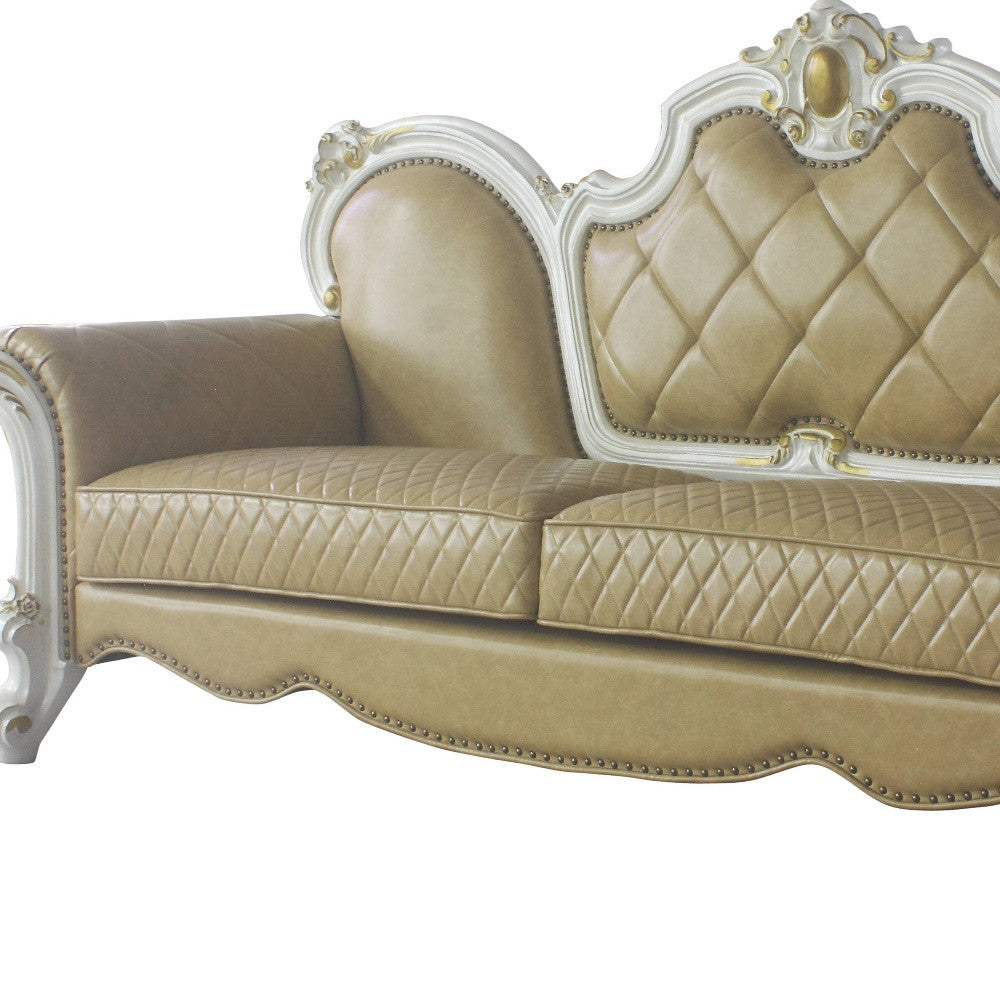 The Bellamy – Golden Brown Faux Leather Sofa with Toss Pillows