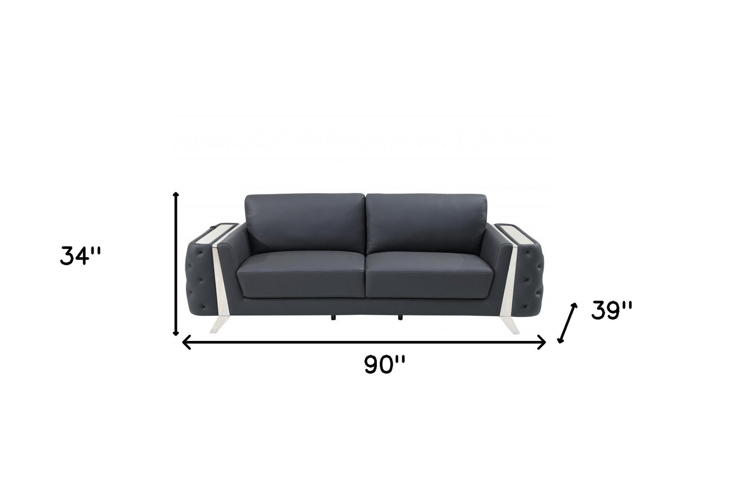 The Langford – Gray Italian Leather Sofa with Silver Legs