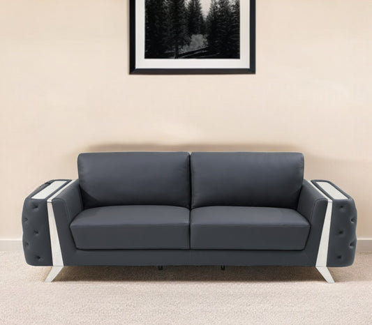 The Langford – Gray Italian Leather Sofa with Silver Legs