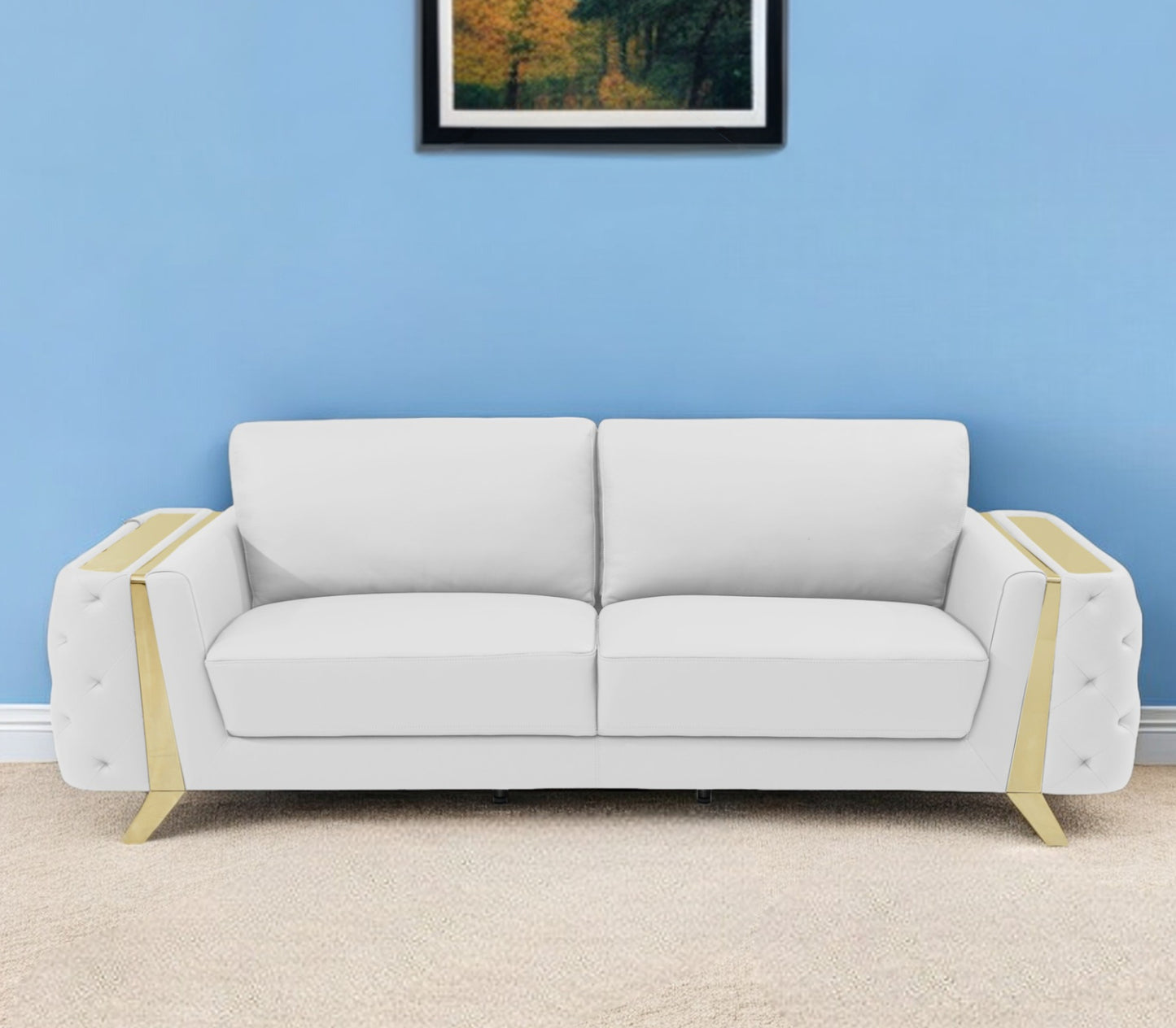 The Monroe – White Italian Leather Sofa with Gold Legs