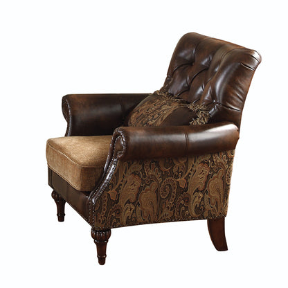 The Winslow – Brown & Black Faux Leather Floral Tufted Arm Chair with Toss Pillow