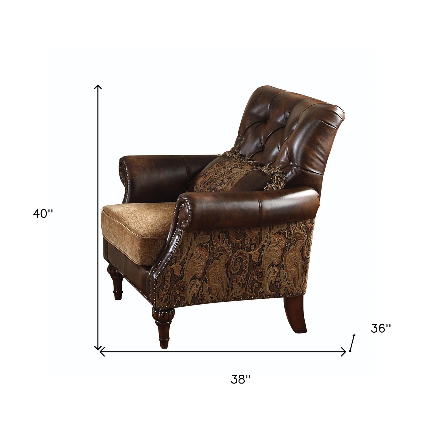 The Winslow – Brown & Black Faux Leather Floral Tufted Arm Chair with Toss Pillow