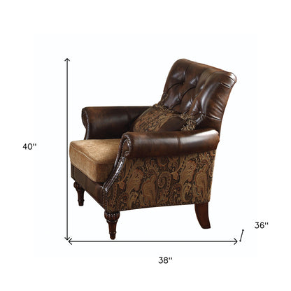 The Winslow – Brown & Black Faux Leather Floral Tufted Arm Chair with Toss Pillow