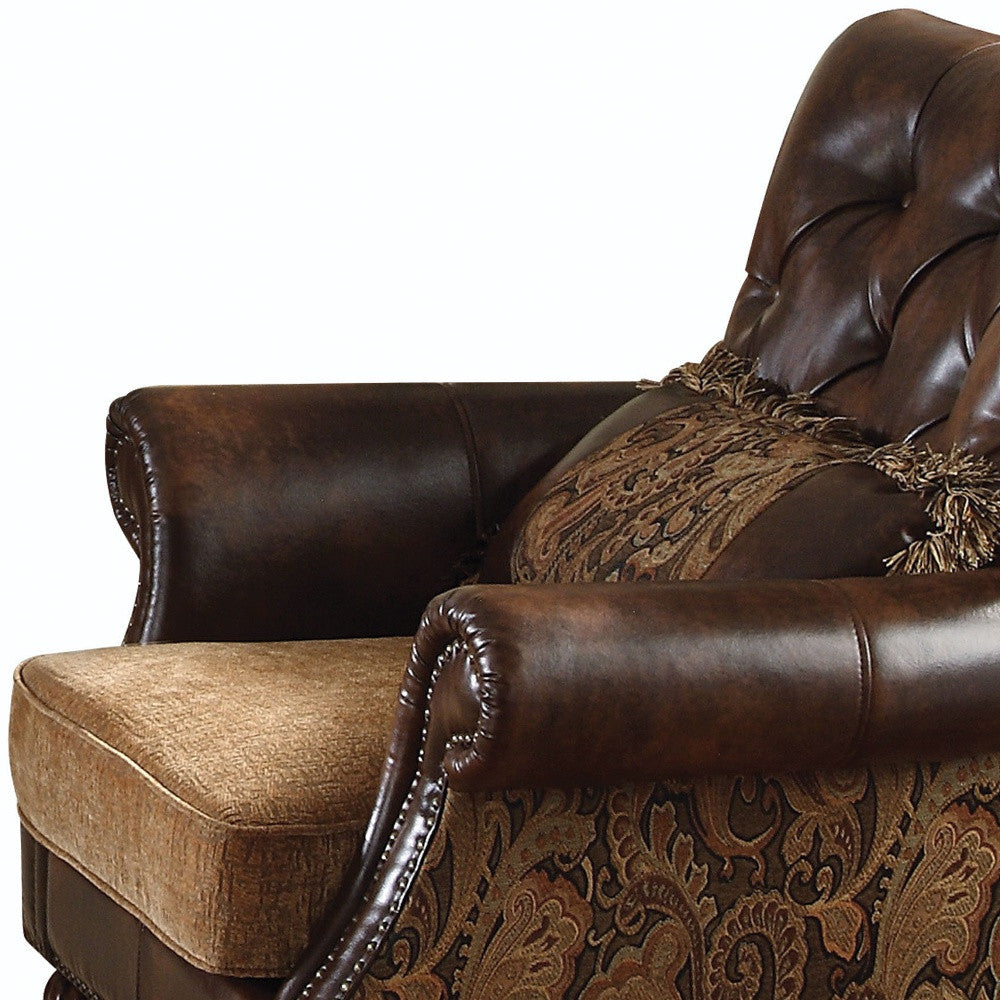The Winslow – Brown & Black Faux Leather Floral Tufted Arm Chair with Toss Pillow