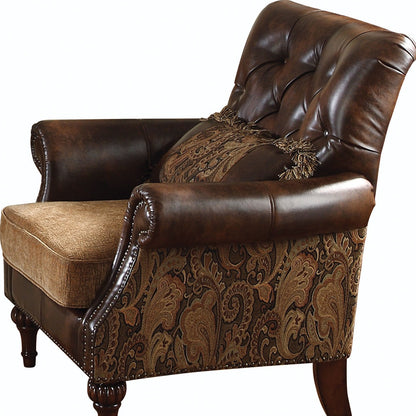 The Winslow – Brown & Black Faux Leather Floral Tufted Arm Chair with Toss Pillow