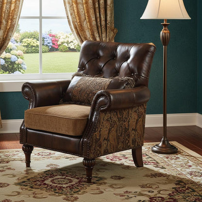 The Winslow – Brown & Black Faux Leather Floral Tufted Arm Chair with Toss Pillow