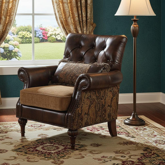 The Winslow – Brown & Black Faux Leather Floral Tufted Arm Chair with Toss Pillow