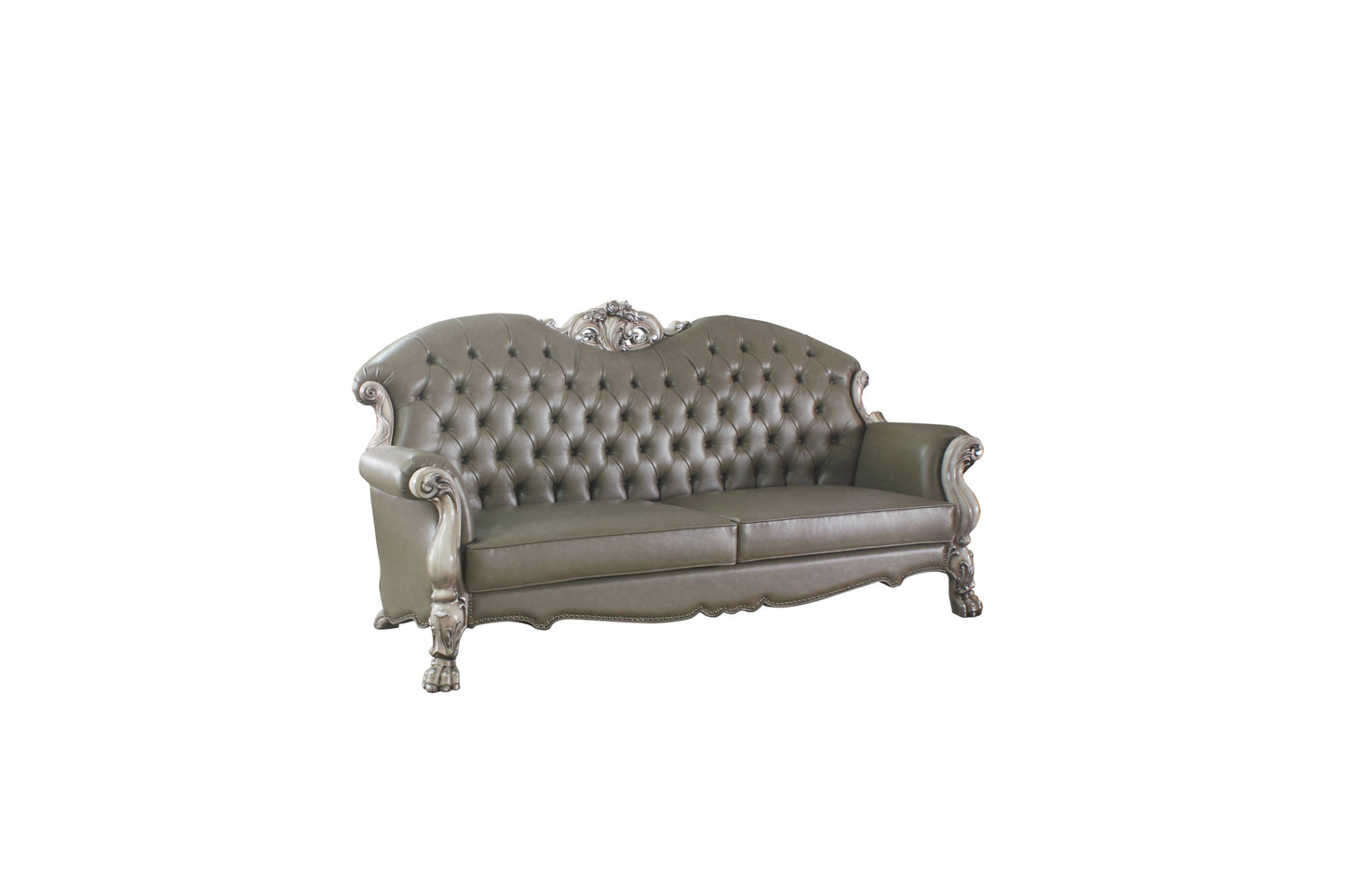 The Oryndal – 96" Bone Faux Leather Sofa with Toss Pillows & White Legs