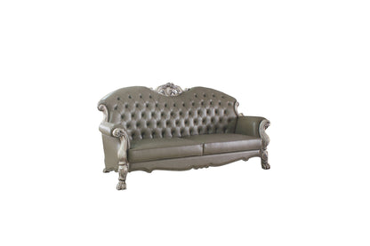 The Oryndal – 96" Bone Faux Leather Sofa with Toss Pillows & White Legs