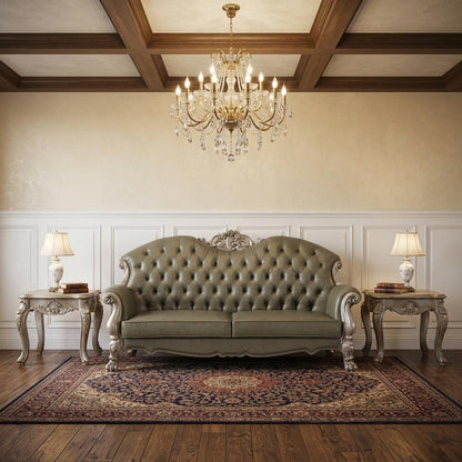The Oryndal – 96" Bone Faux Leather Sofa with Toss Pillows & White Legs