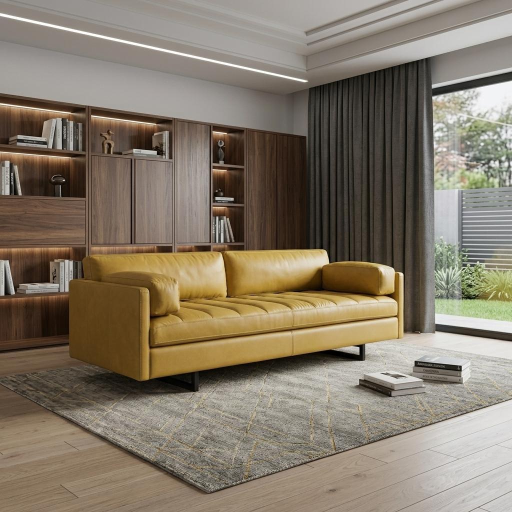 The Soryn Vale – Mustard Top Grain Leather Sofa with Black Legs