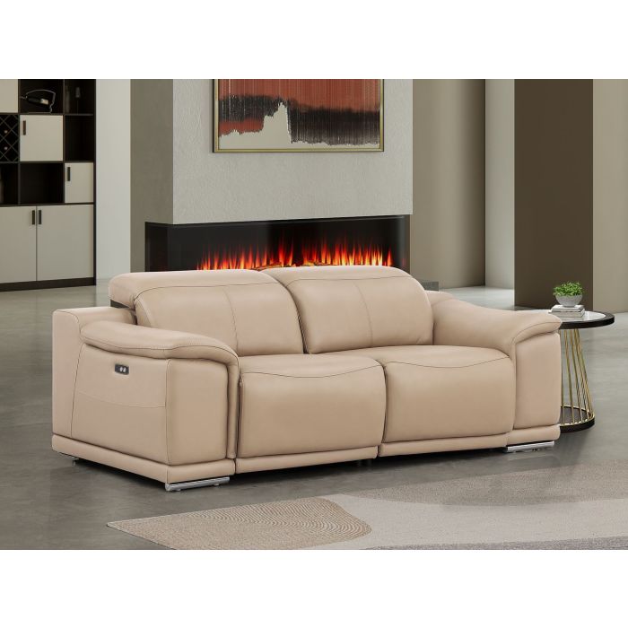 The Callisto – Beige Genuine Leather Dual Power Reclining Loveseat