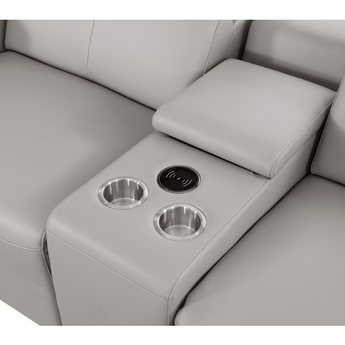 The Meridian – Light Gray Genuine Leather Dual Power Reclining Console Loveseat